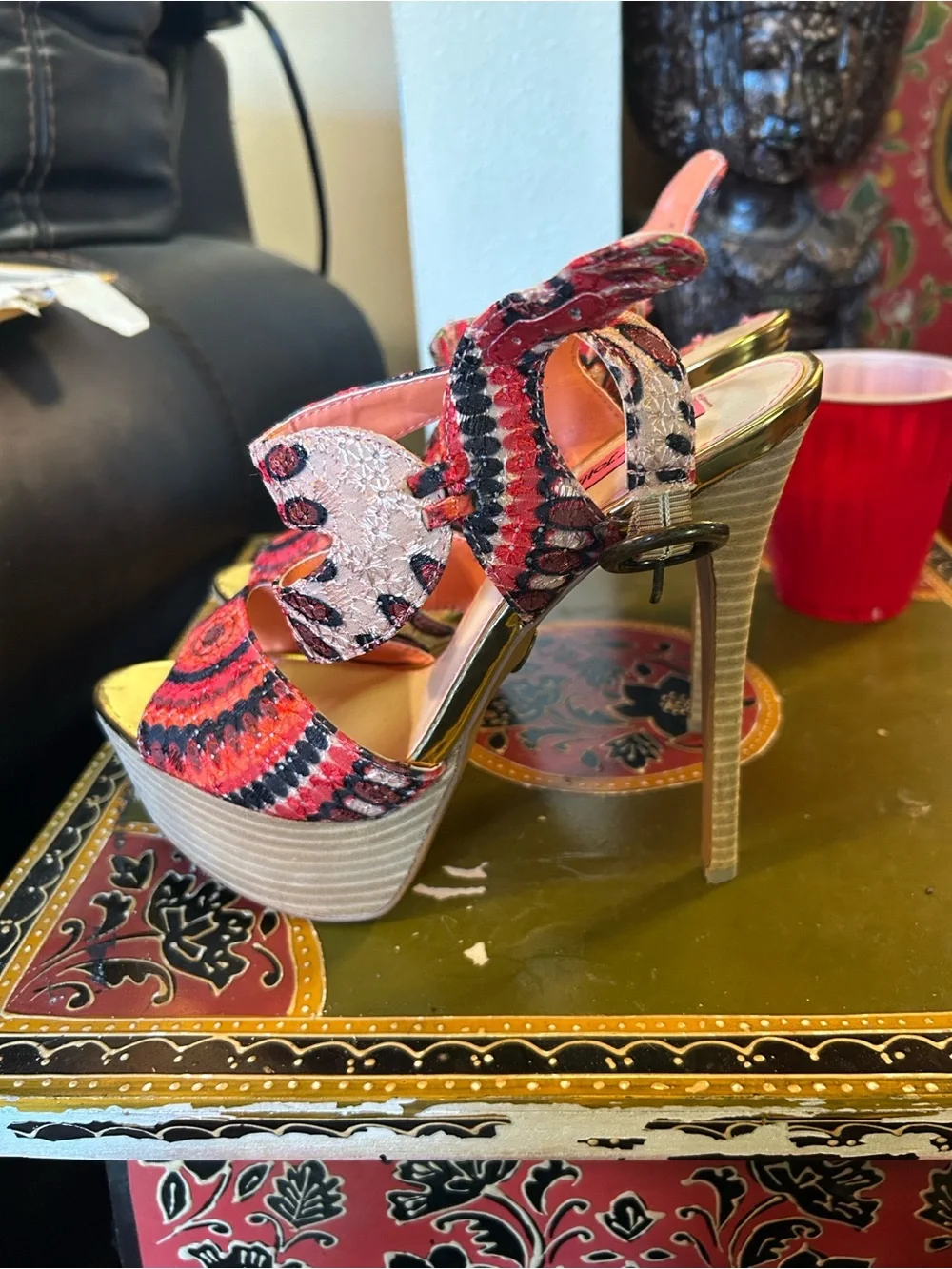 Betsey Johnson Red and Gold Patterned Platform Strappy Heels